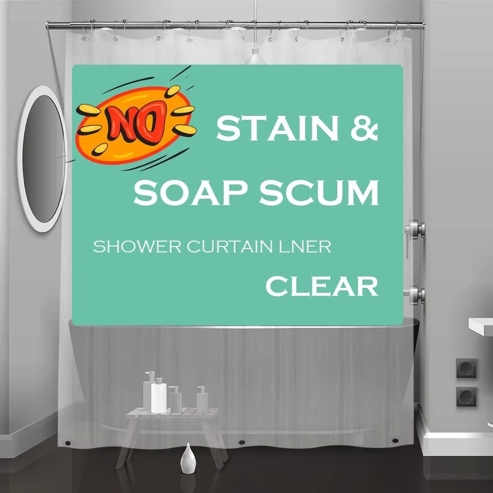 Clear plastic shower curtain liner, 72 by 72 inches, with 12 rustproof metal grommets and three weighted magnets at the bottom hem