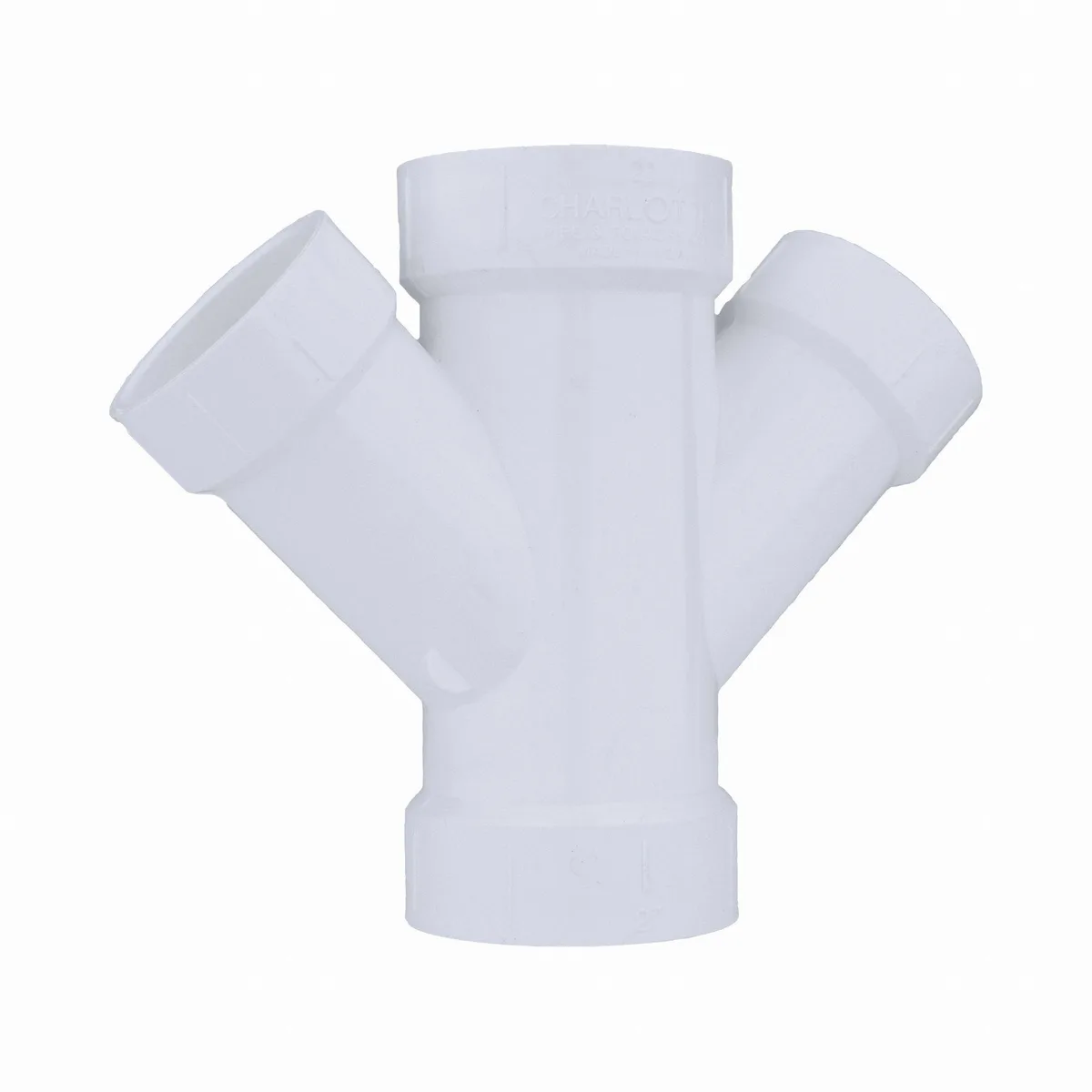 White PVC double reducing wye trap, four hub connections