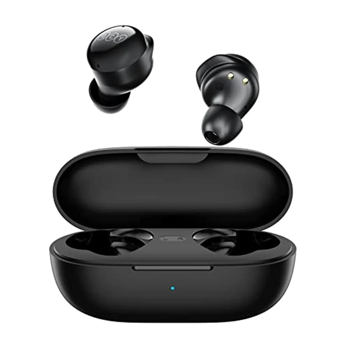 Black QCY T17 wireless earbuds in compact charging case