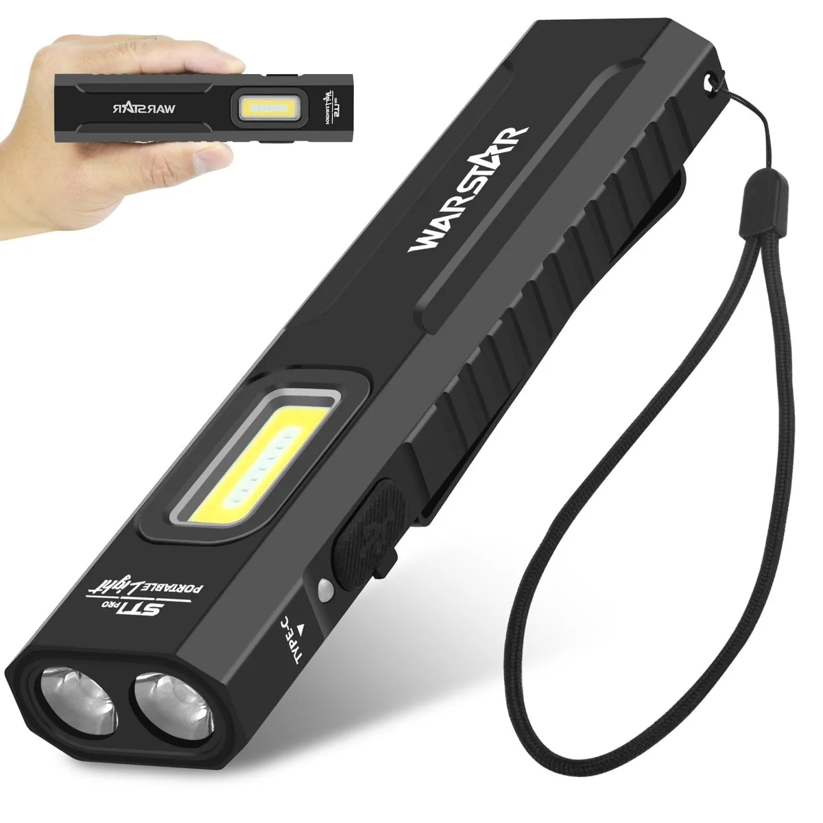 Flat aluminium flashlight with magnetic base, pocket clip and USB-C port