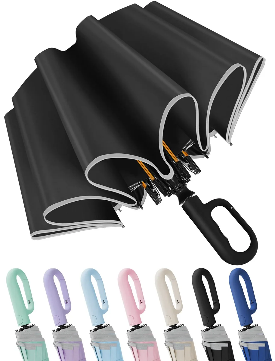 Seniny 46" 10-Rib Auto Open Umbrella with Carabiner Handle Black — product photo