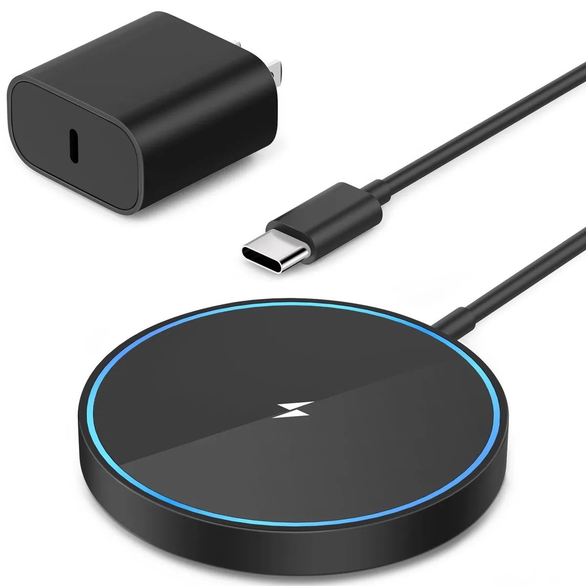 White circular MagSafe charging pad with USB-C cable and 20 W adapter