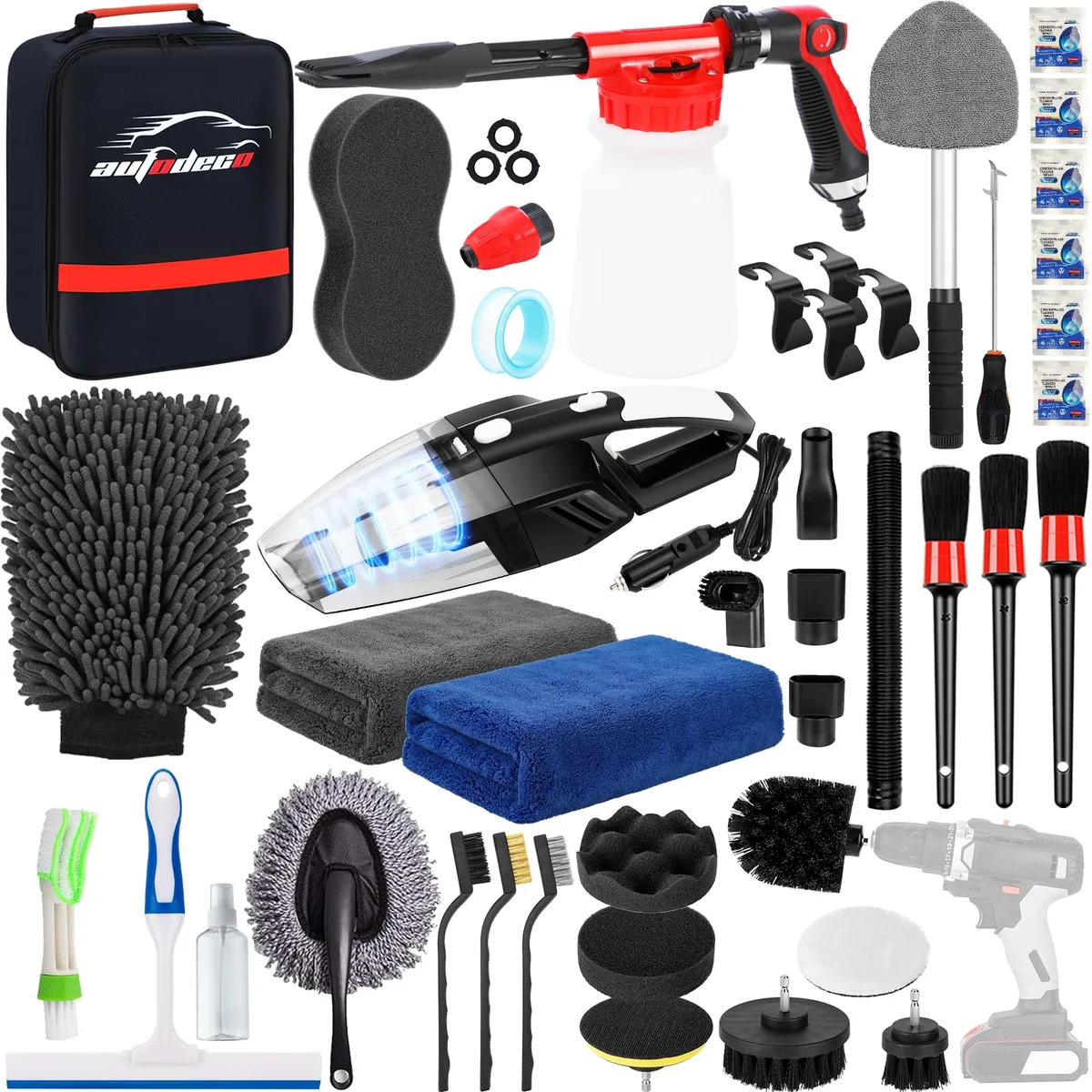 Black 40-piece car detailing kit in box with foam gun vacuum drill brushes mitts towels brushes cleaning tools