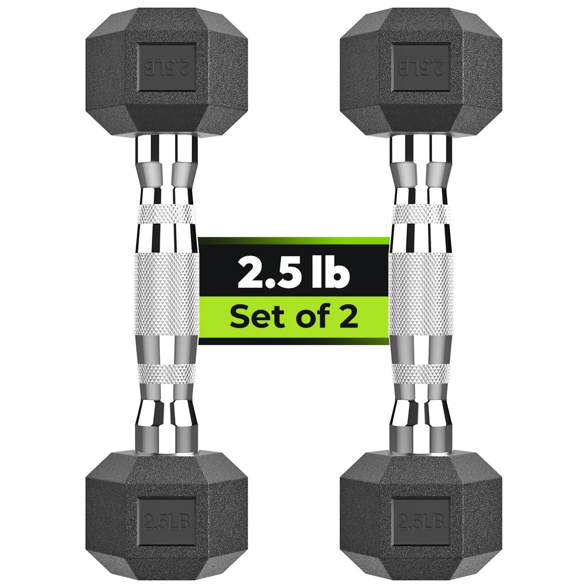 Pair of black rubber hex dumbbells with chrome handles, 2.5 lb each