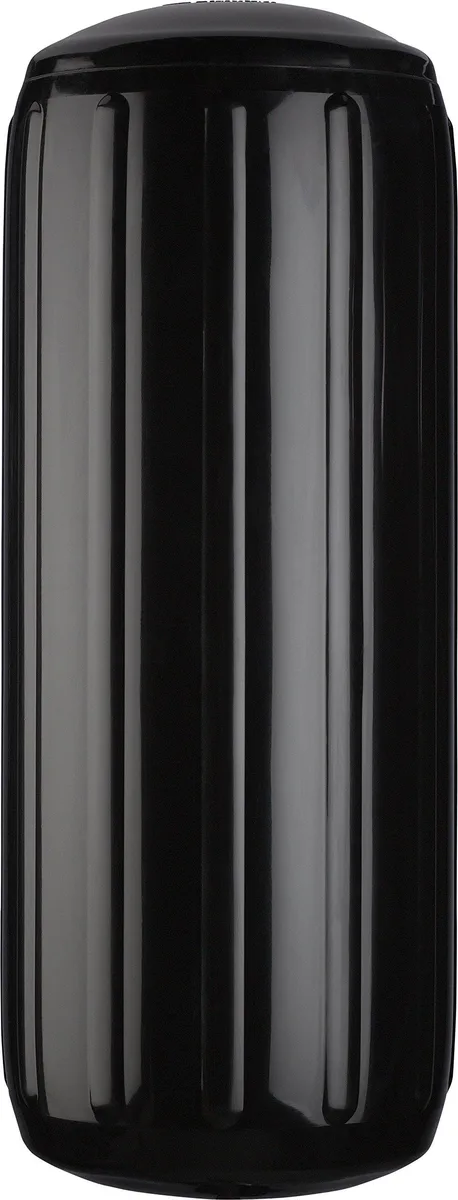 Black cylindrical fender 8 by 20 inches with central hole and vertical ribs