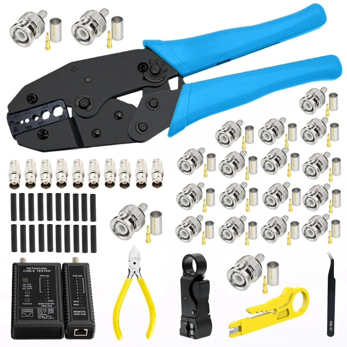 KEHIPI KEHIPI BNC Crimp Tool Kit RG58 RG59 RG62 RG174 20 Male 10 Female Connectors Stripper Tester — product photo