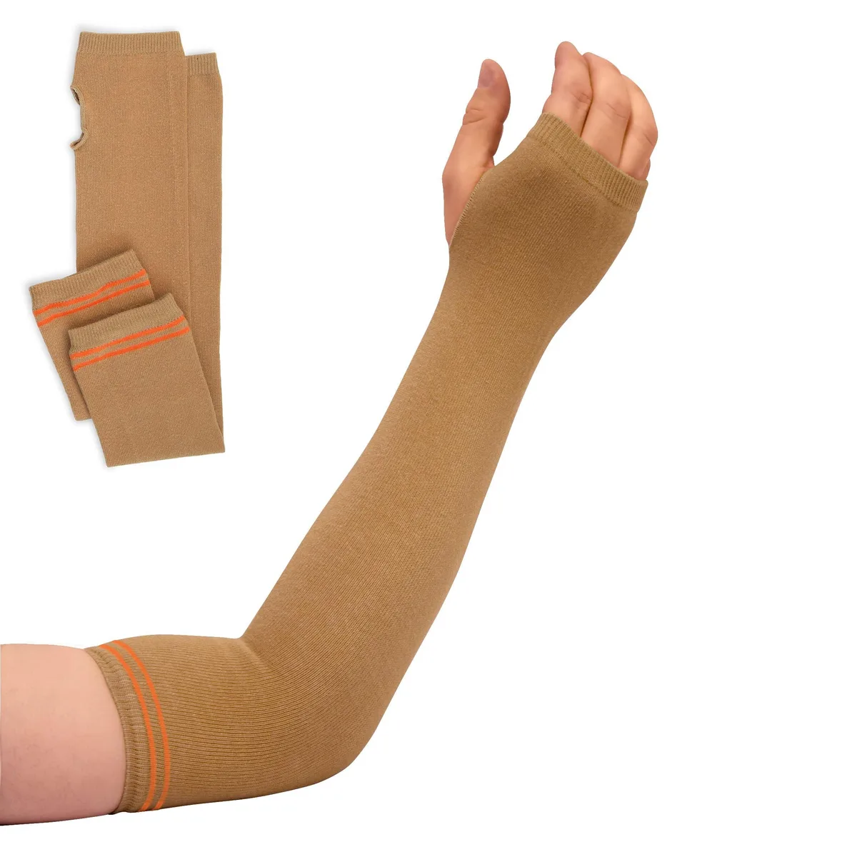 Pair of lightweight tubular arm sleeves with colour-coded sizing bands
