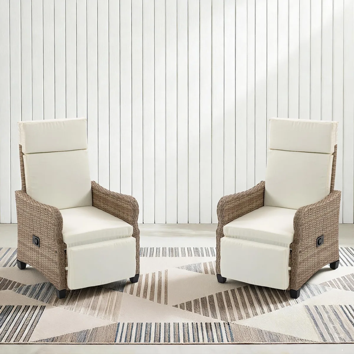 VANBOW VANBOW 2 Set Outdoor Recliner Chair 2-in-1 Footrest Rocking Mode 90-135° Rattan Wicker Light Beige — product photo