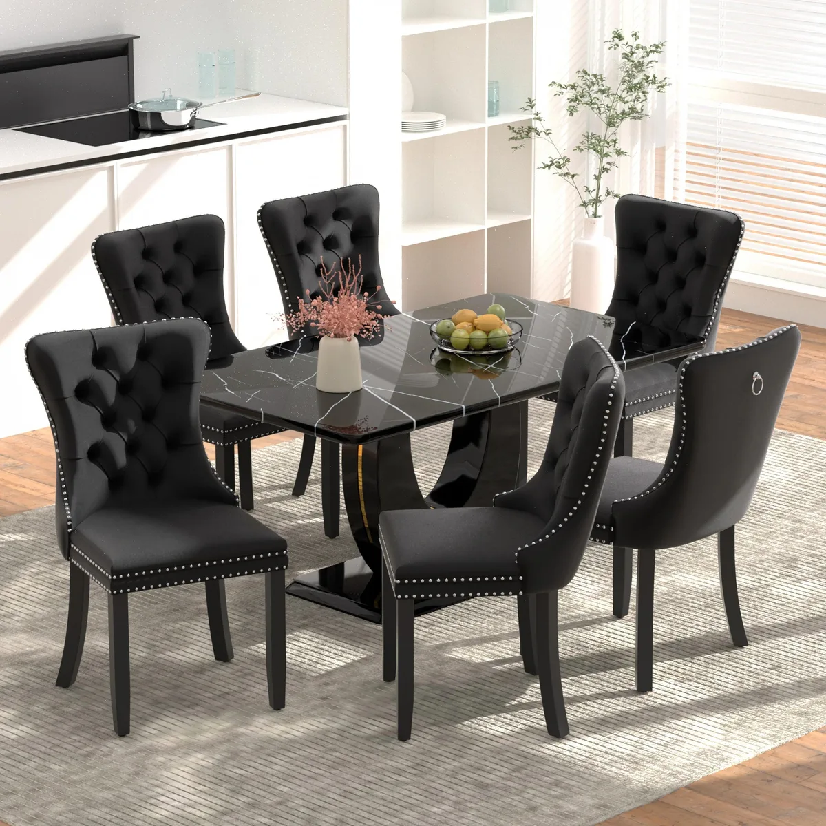 Sumdeal Sumdeal 7-Piece Dining Set 63" Black Faux Marble Table Velvet Chairs — product photo