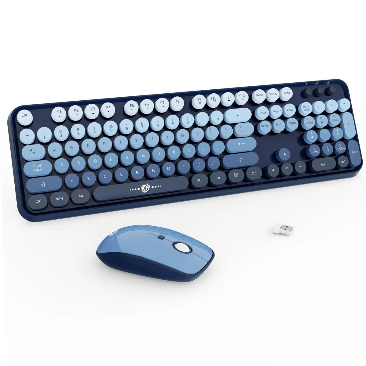 Blue gradient wireless keyboard and mouse combo with 104 round keys and shared nano receiver