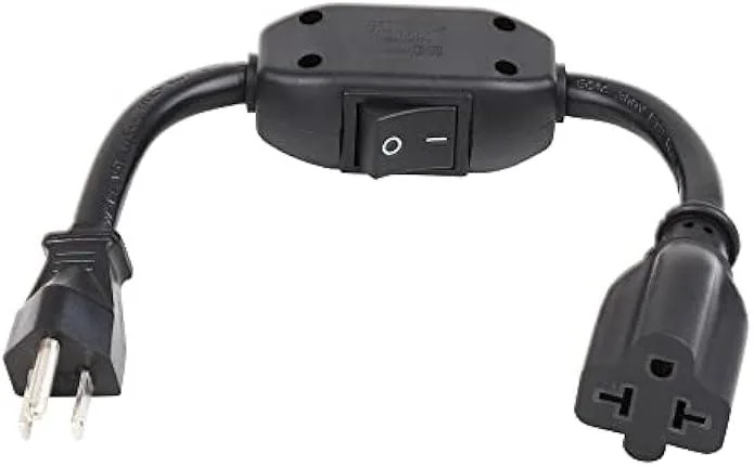 Black 32 cm power adapter cable with inline on off switch and three prong male to female connectors