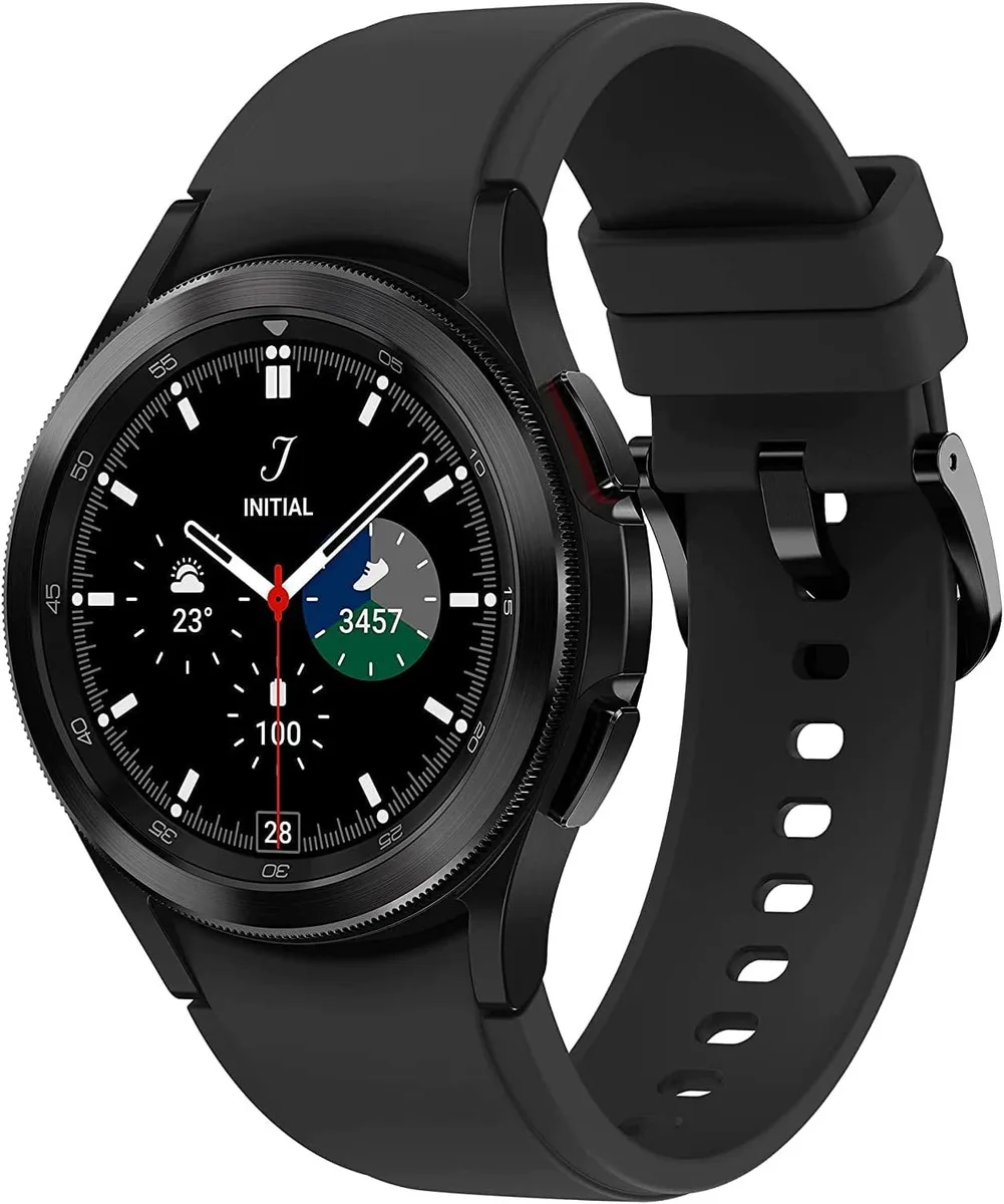 Round black smartwatch with rotating bezel, 42mm case, dark strap