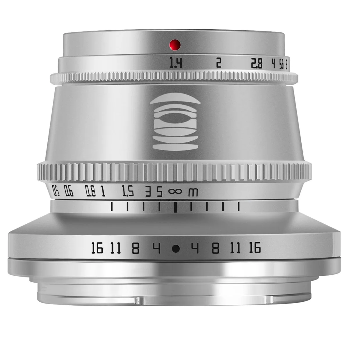 Silver manual-focus lens with metal barrel and clicked aperture ring