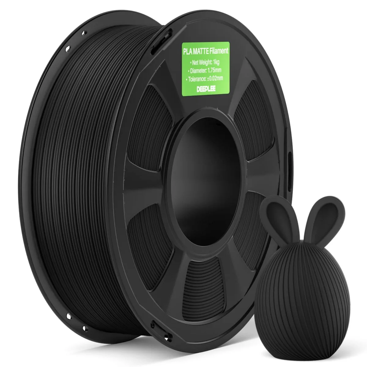 A 1 kg spool of matte black PLA filament wound on a cardboard spool