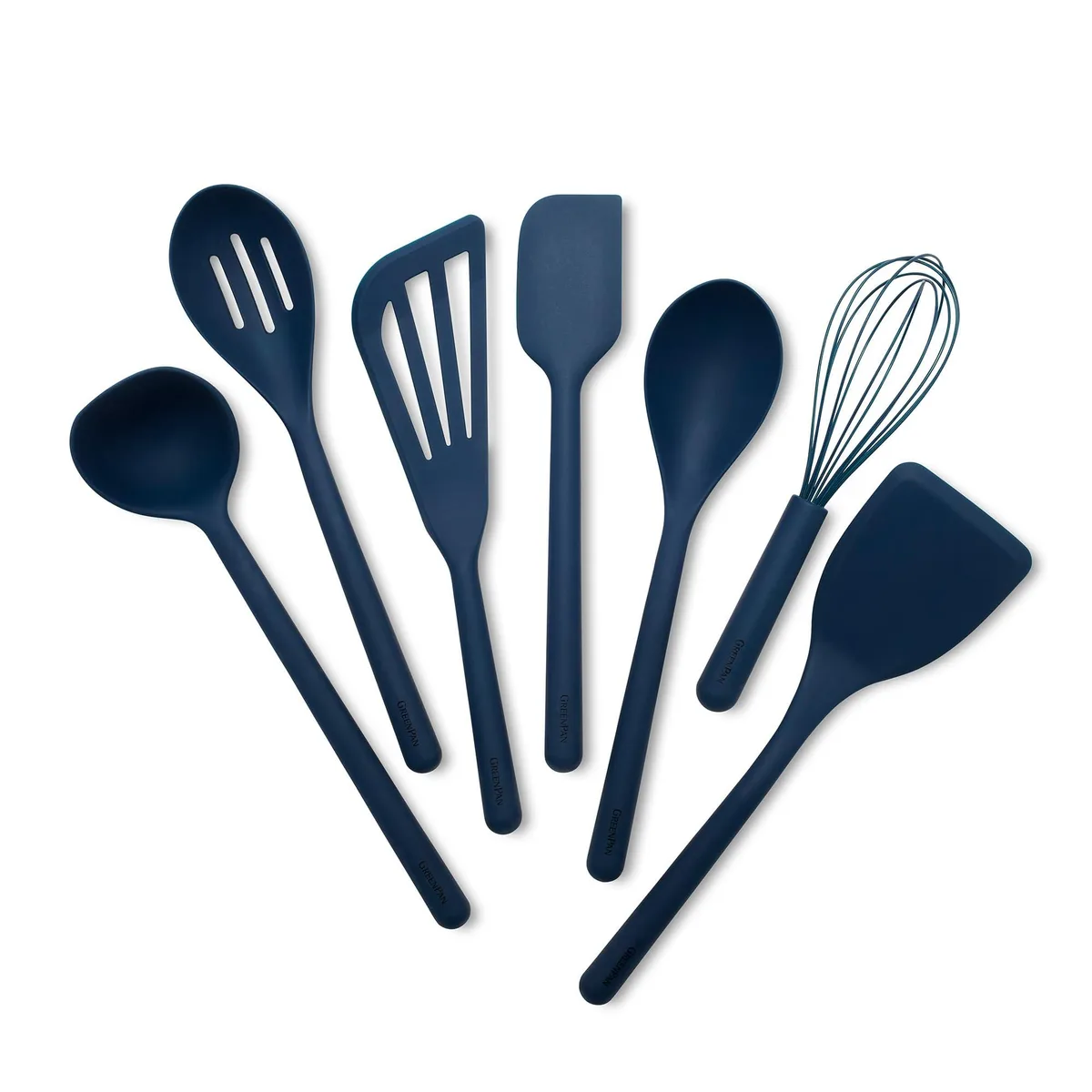Seven-piece silicone utensil set in Oxford Blue with steel-core handles