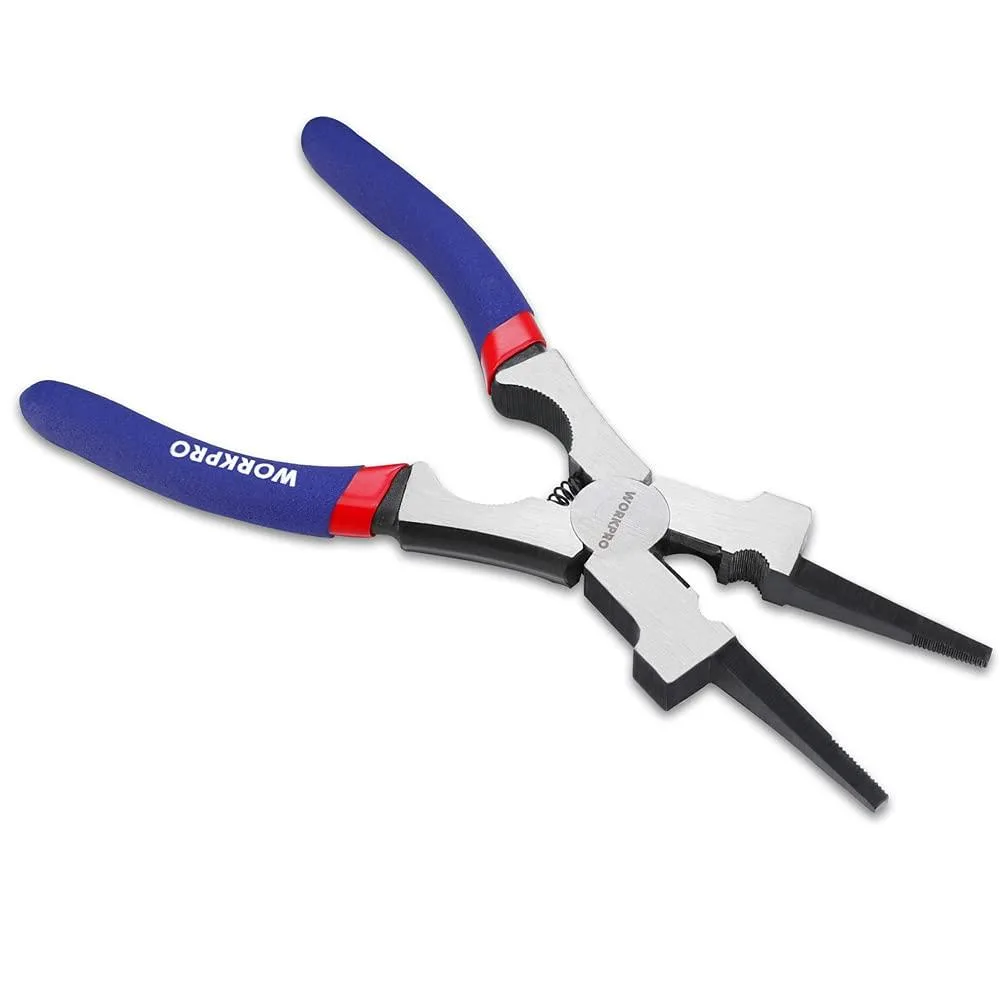 Blue 8-inch CR-V steel welding pliers with spring-loaded handles and non-slip grips