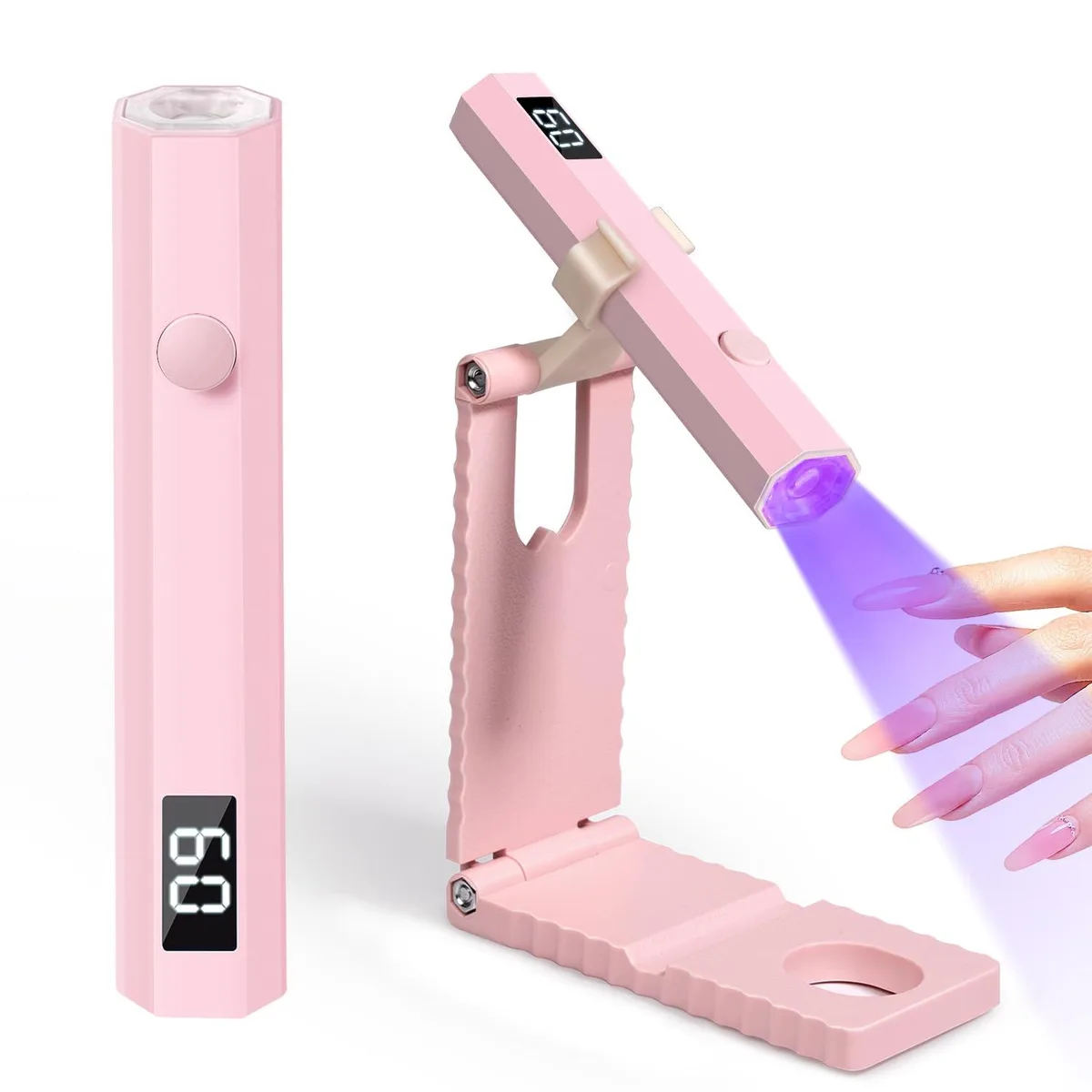 Mini UV nail lamp with stand, white acrylic, LED timer display