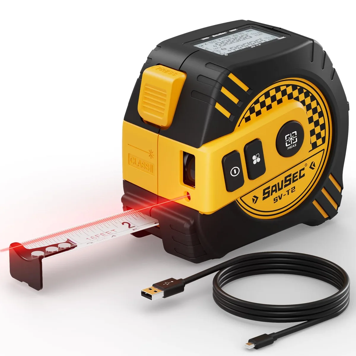 A compact 2-in-1 laser tape measure with rubberised ABS housing, digital display, and self-locking 16 ft tape blade