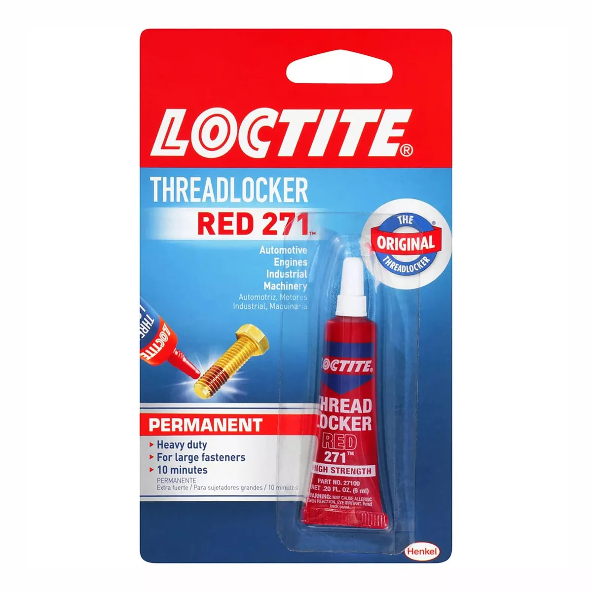 A small red Loctite 271 threadlocker bottle, 6 ml liquid adhesive
