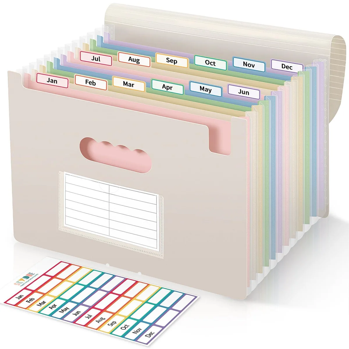 Brown accordion file with 13 expanding pockets and elastic closure