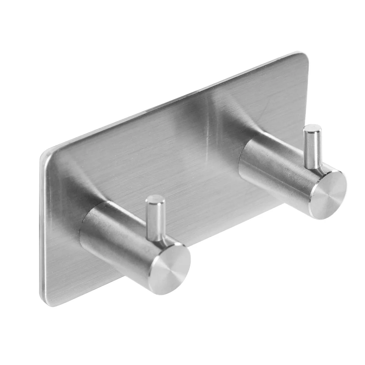 Two brushed nickel adhesive hooks on a plain background