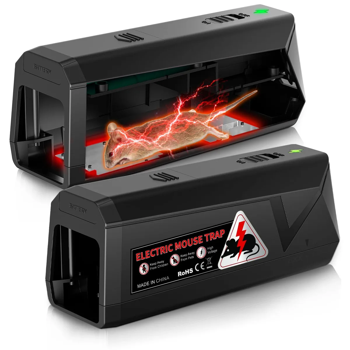 Two red rectangular electronic mouse traps with LED indicator lights