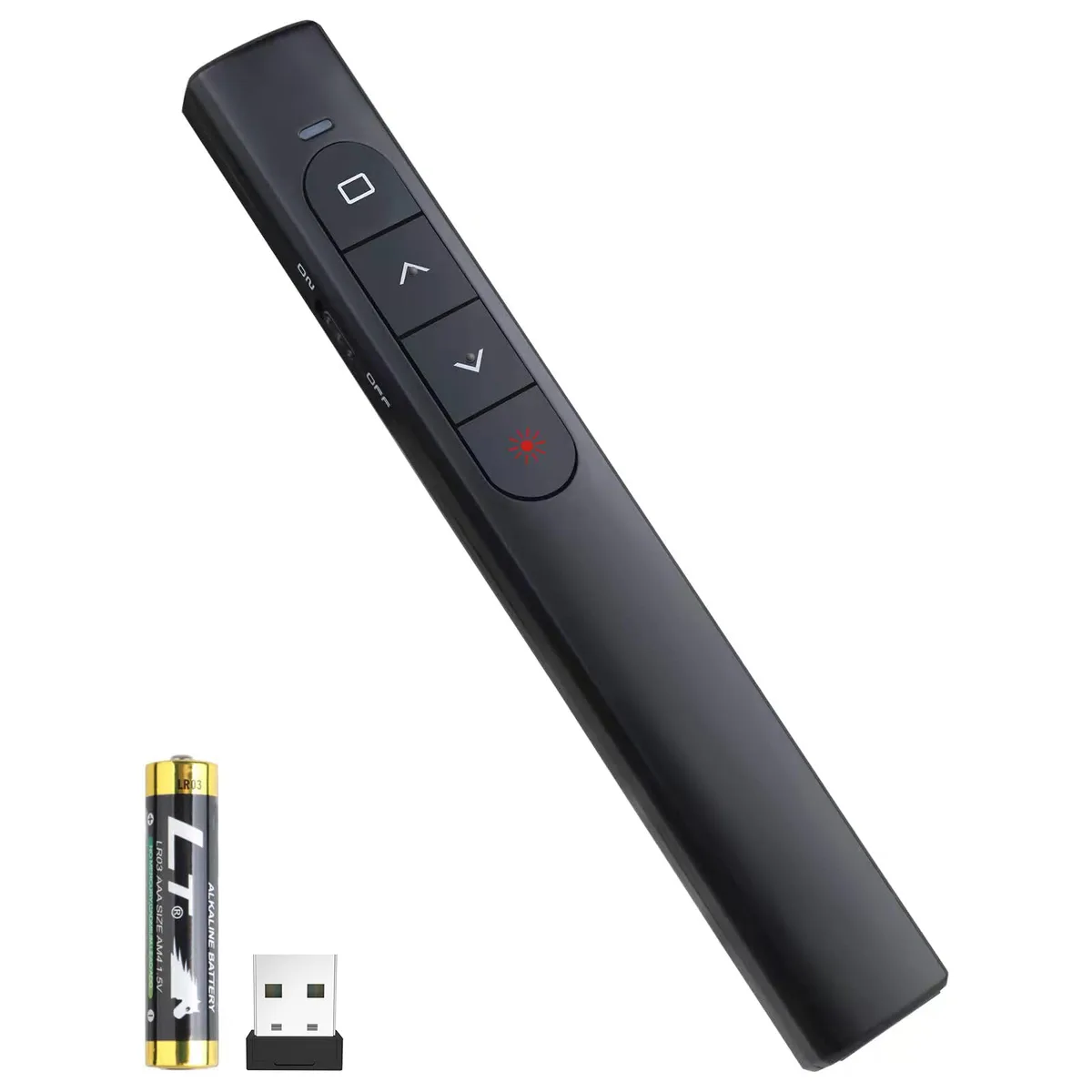 Black wireless presenter remote with red laser pointer, ergonomic shape, matte finish
