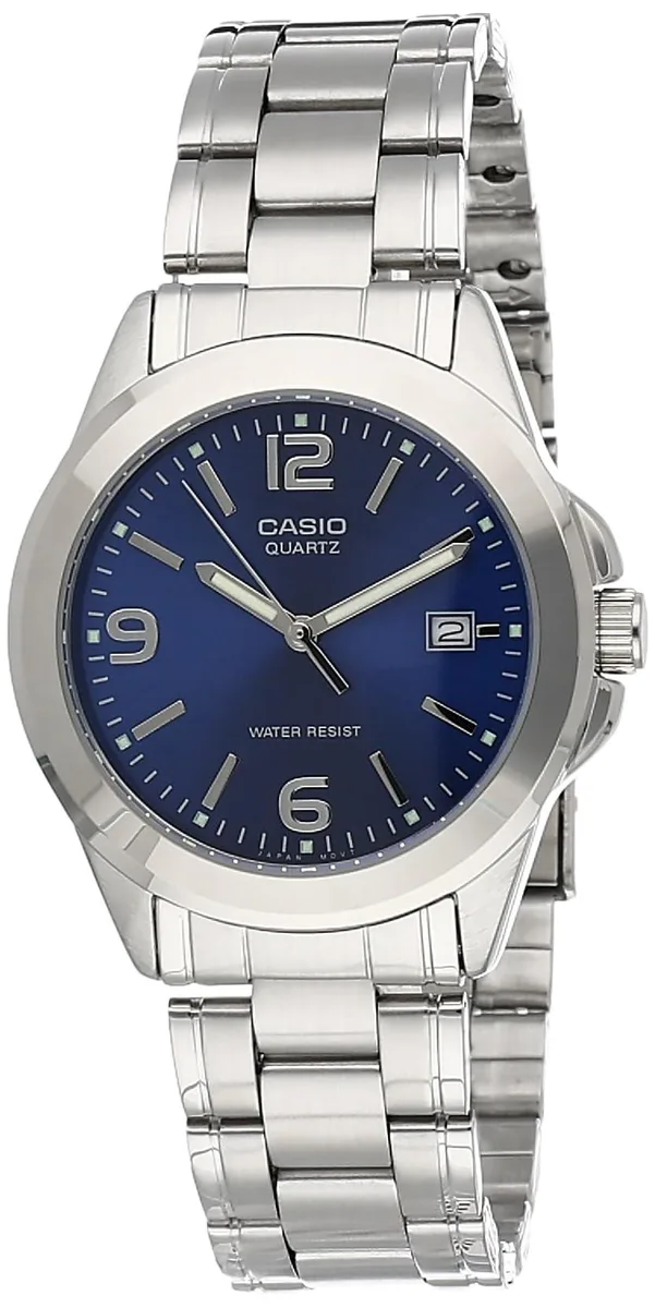 Silver-tone stainless steel watch with blue dial, 38mm case, date window at three o'clock