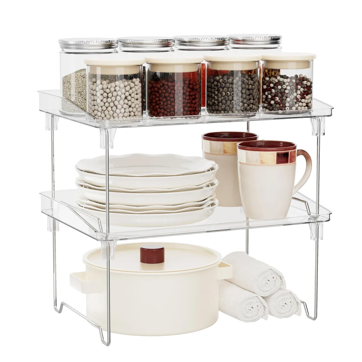Two red plastic cabinet shelves, round shape, stackable, 11.8 by 8.4 by 5.9 inches each