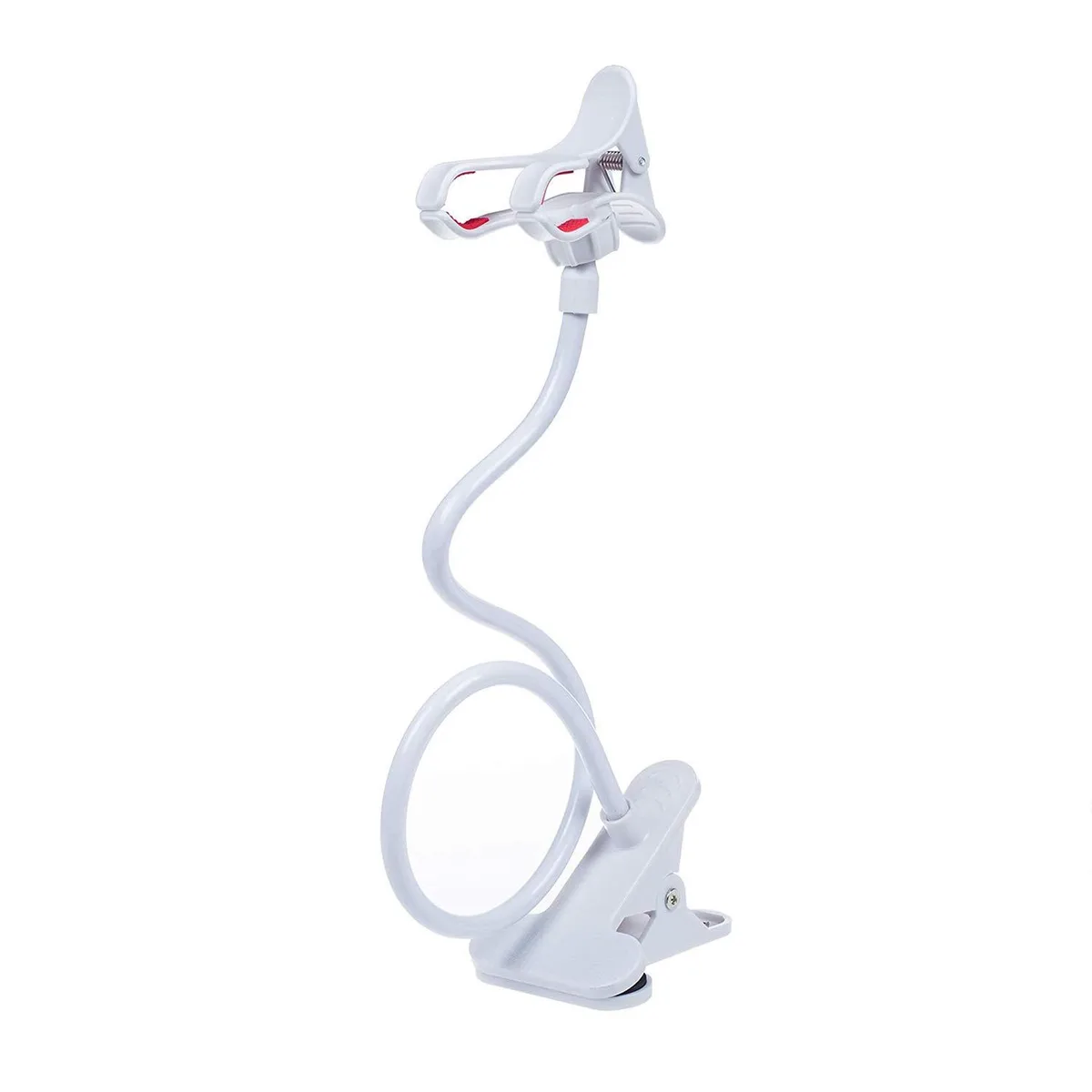 White flexible gooseneck phone mount with clamp base and spring-loaded cradle, 22inch total height