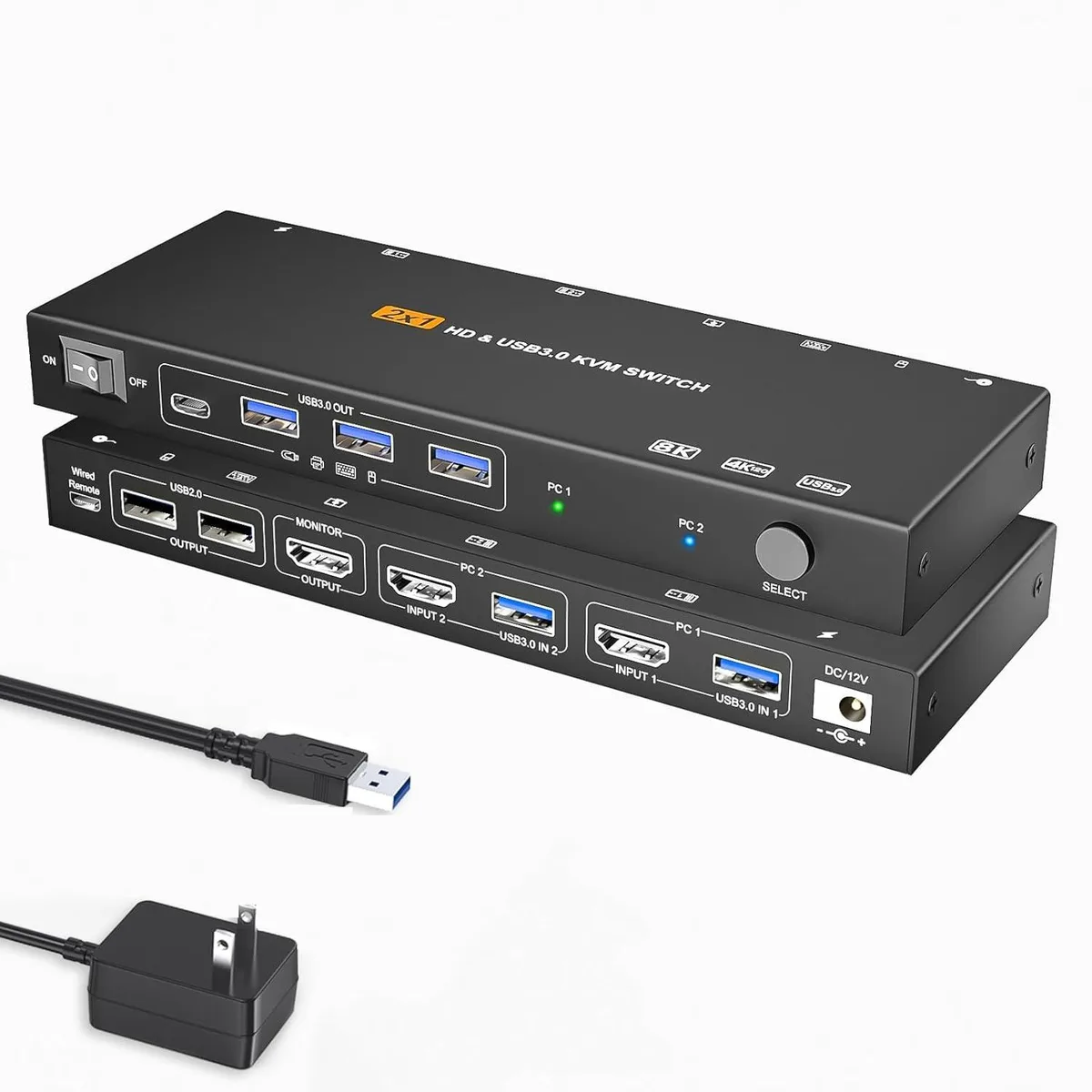 IHDAPP IHDAPP 2-Port HDMI KVM Switch 1 Monitor 2 Computers 8K60Hz 4K144Hz USB 3.0 Remote — product photo