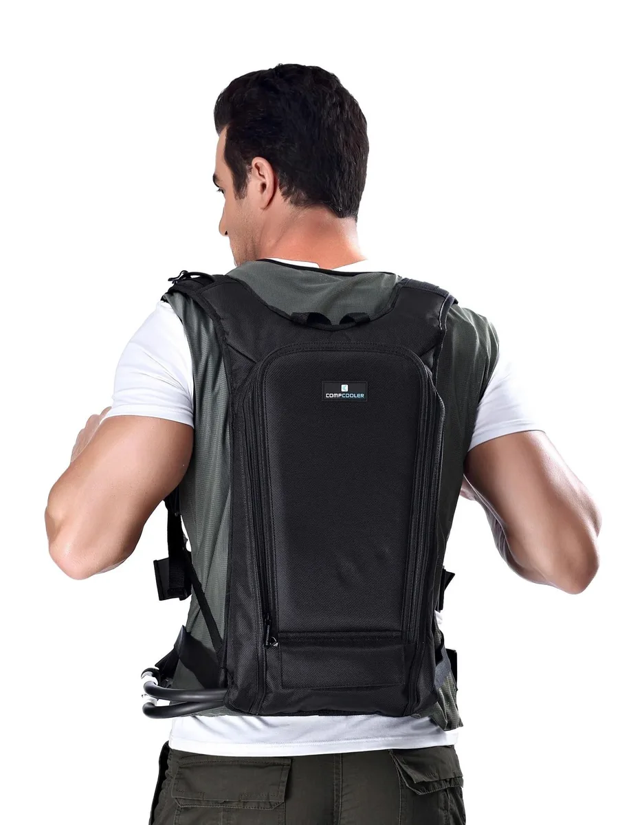 Green backpack cooling unit with vest and detachable 3.0L bladder