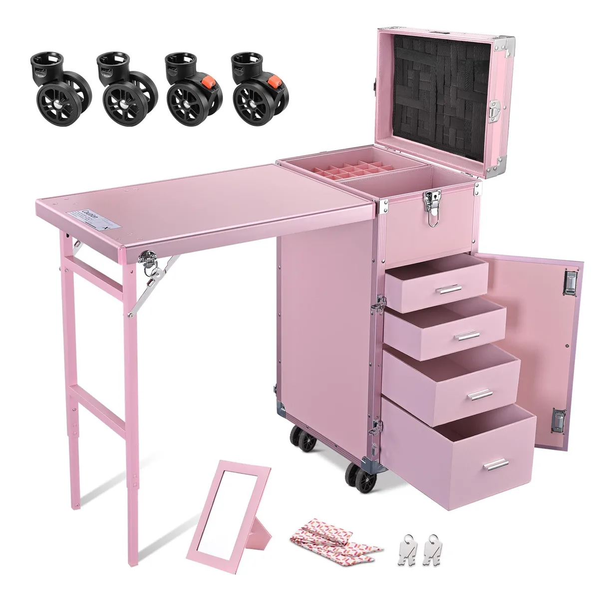 Byootique Byootique 12MKCSET-273536-07 Rolling Cosmetic Case Nail Table 33x16x31 Pink — product photo