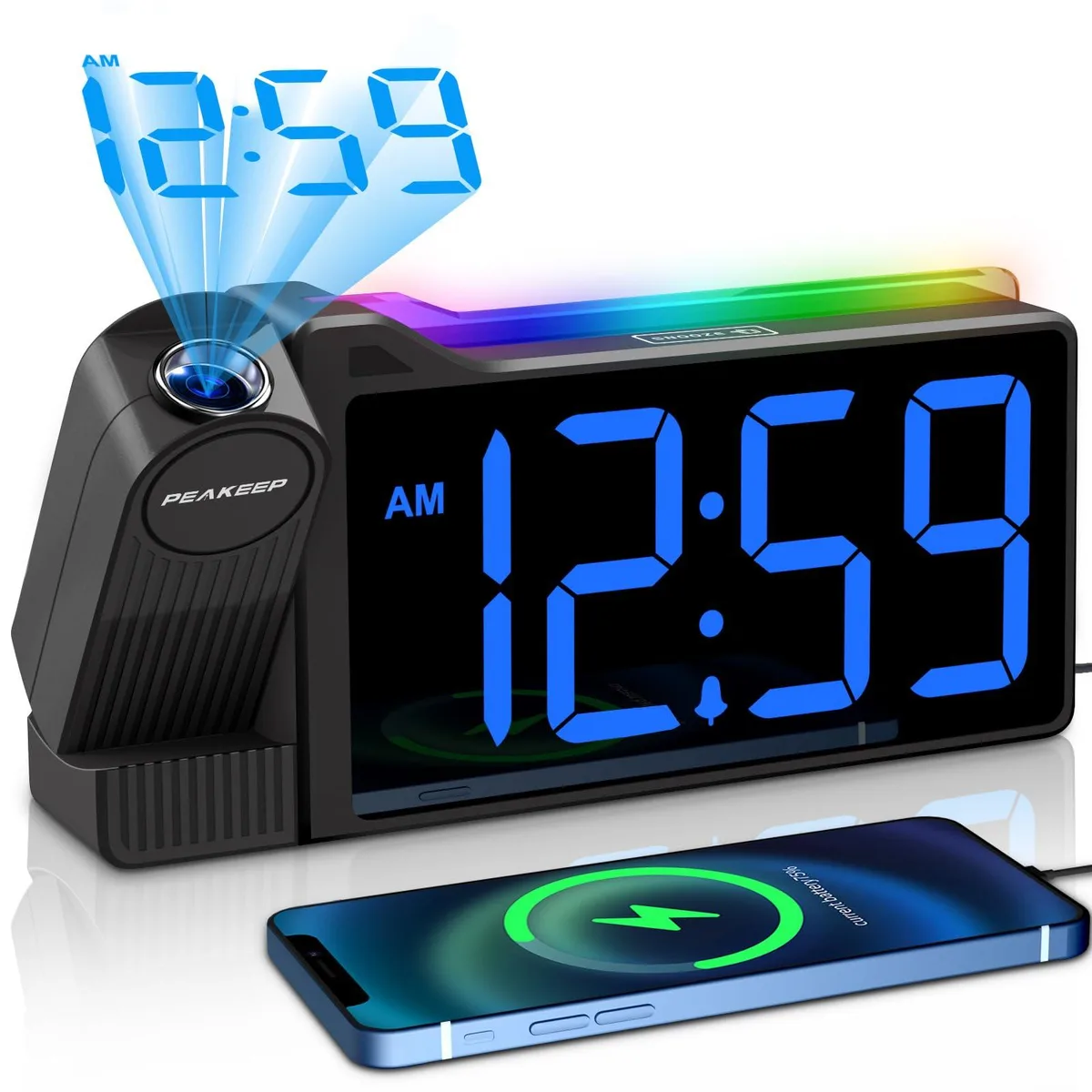 Rectangular digital clock with blue digits and rotatable projector