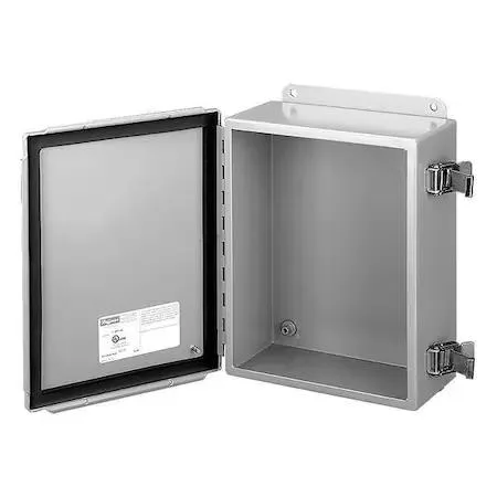Gray powder-coated steel electrical enclosure with screw-on cover and captive screws, 8 inches high by 3.5 inches deep