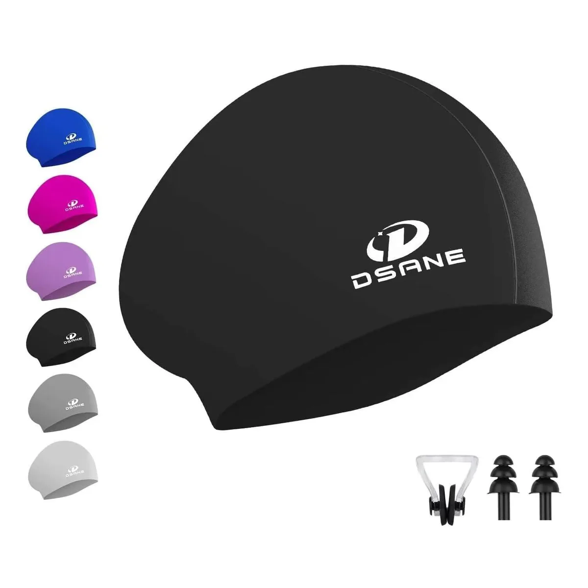 Black silicone swim cap with ear plugs and nose clip
