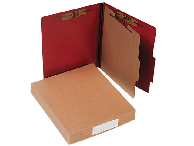 Ten earth-red pressboard classification folders with four-section dividers and fasteners