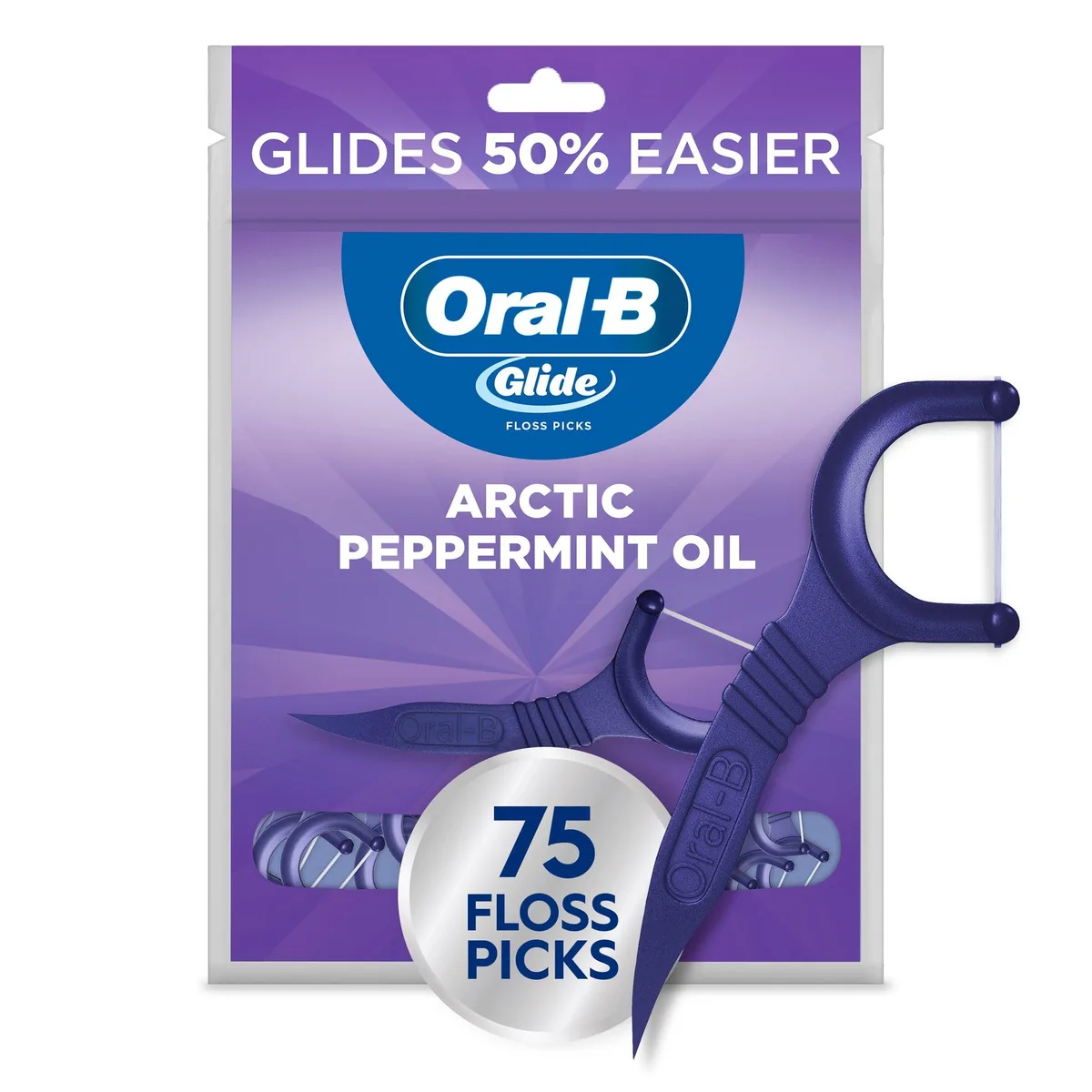 White plastic floss pick pack, 75 count, peppermint flavor