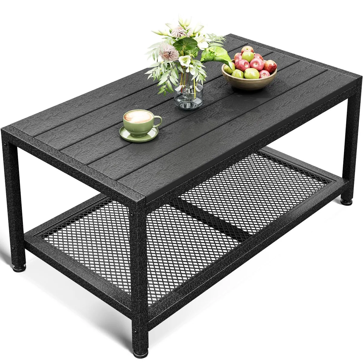 ODK Outdoor Coffee Table Double-Layer Storage Black 14.33in W x 12.83in H x 9.06in D — product photo