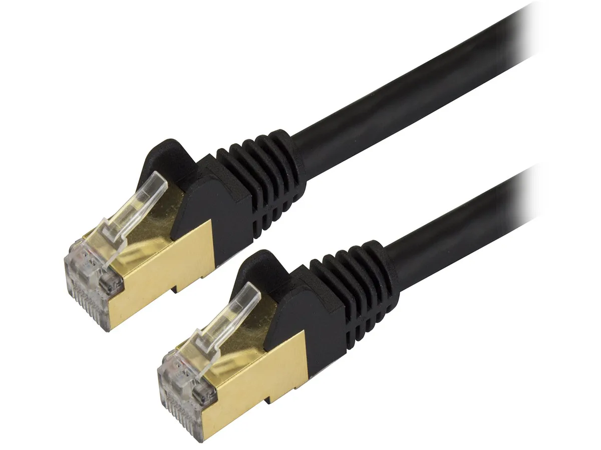 Black shielded Cat6a Ethernet cable, 2 ft, snagless RJ45 connectors