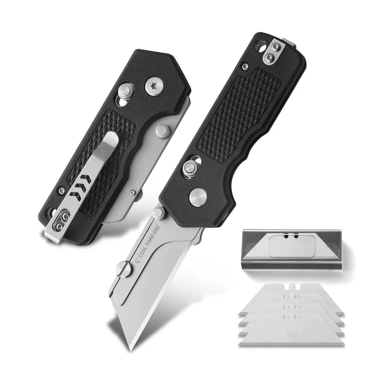 Black folding utility knife with pocket clip and fiberglass-reinforced nylon handle