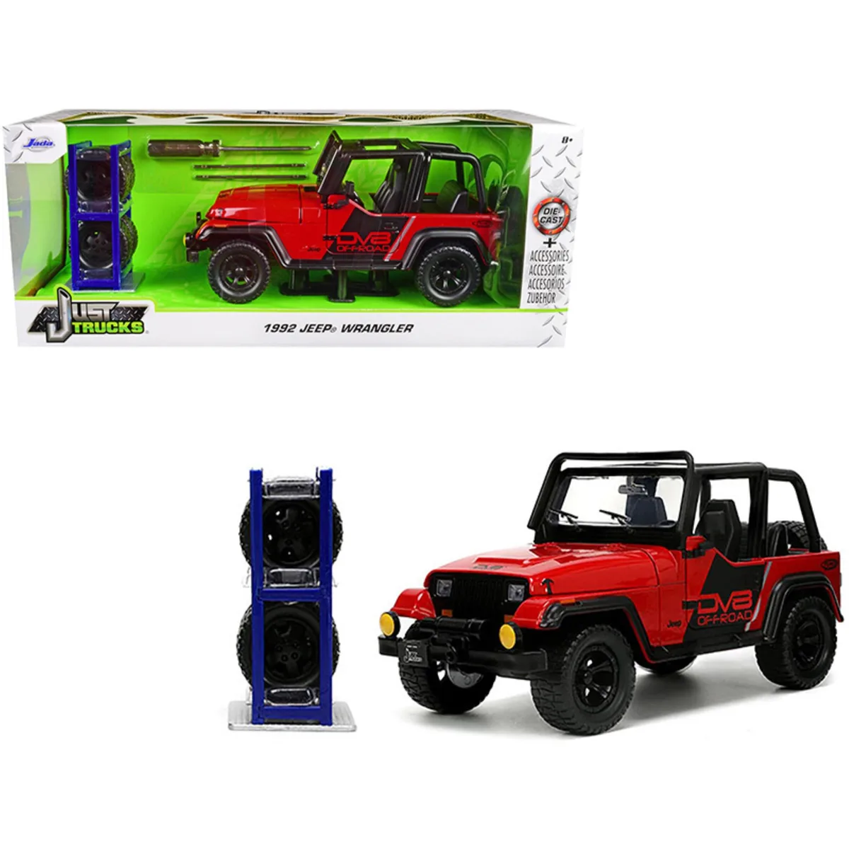 Jada Jada 1992 Jeep Wrangler DV8 Off-Road Red Matt Black Stripes Extra Wheels 1/24 Diecast Vehicle — product photo