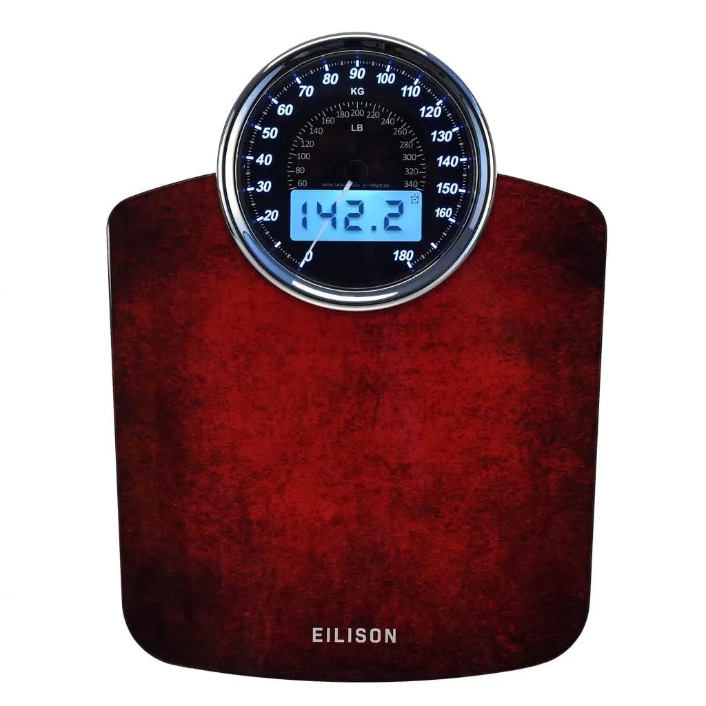 Red rectangular bathroom scale with tempered glass platform and large digital display