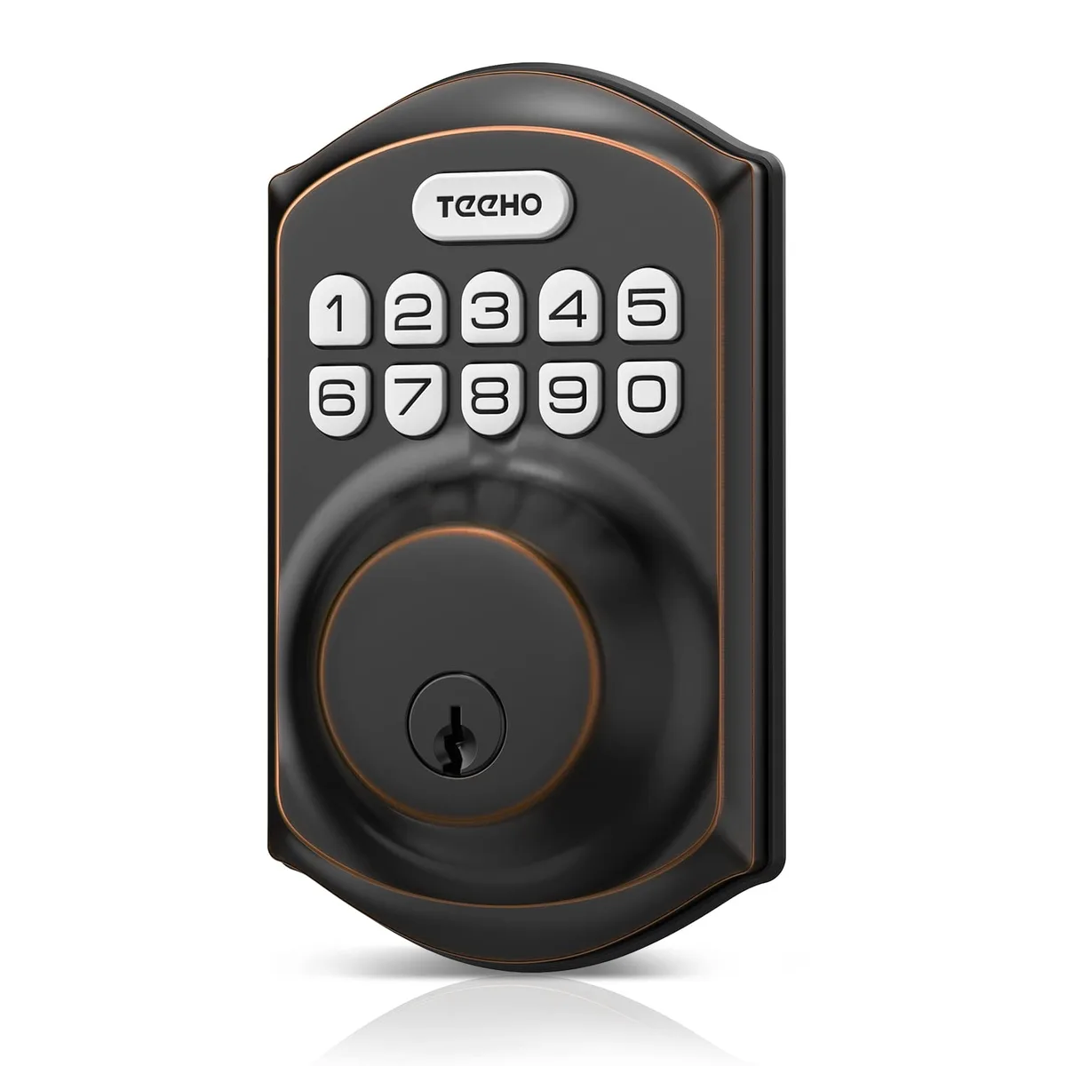 Oil-rubbed bronze keypad deadbolt with numeric keys and keyhole