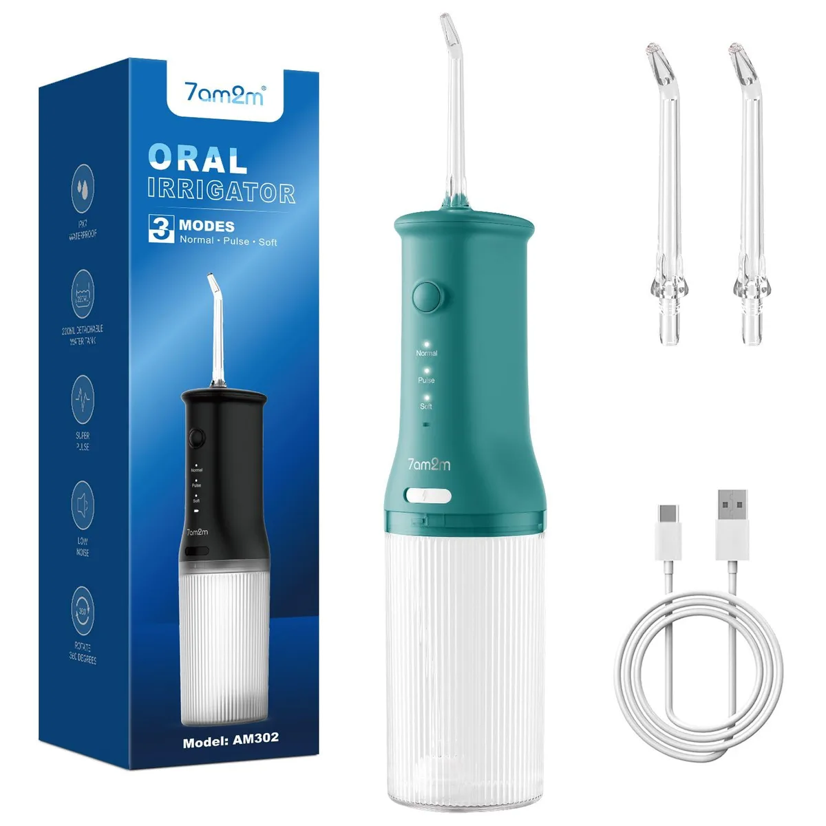 7AM2M AM302 Cordless Water Flosser 220ml IPX7 Green — product photo