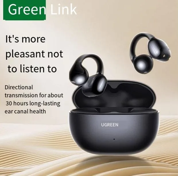 Black open-ear ear-clip wireless headphones with USB-C charging case