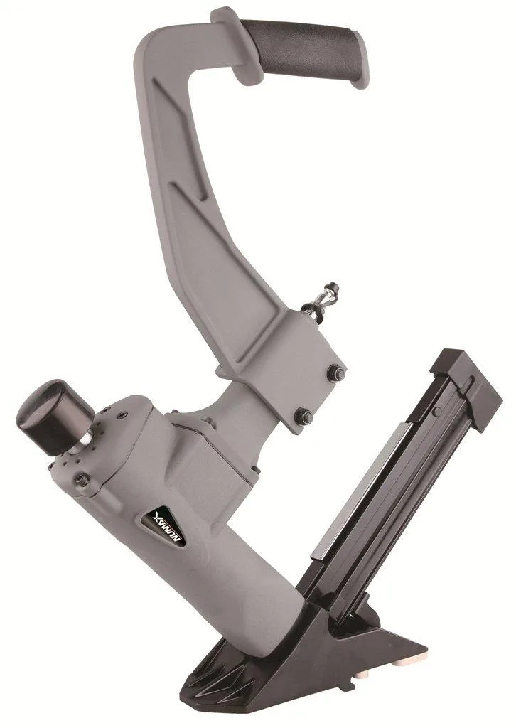 Orange pneumatic flooring nailer with rubber grip handle and interchangeable base plates