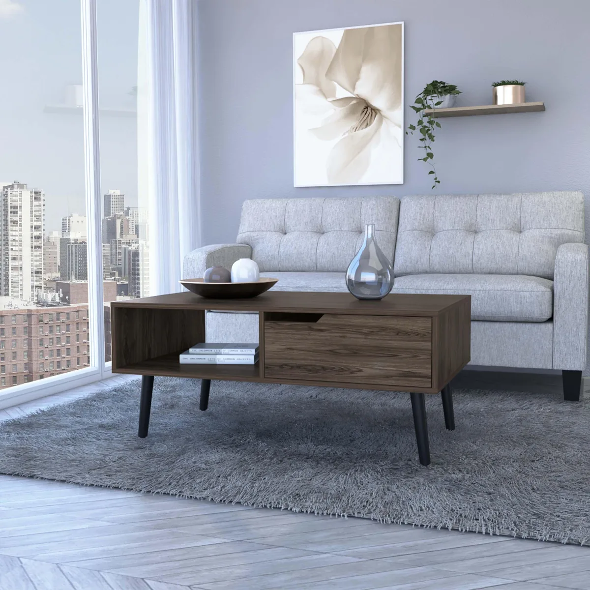 Rectangular dark walnut coffee table with four legs, one drawer and an open lower shelf