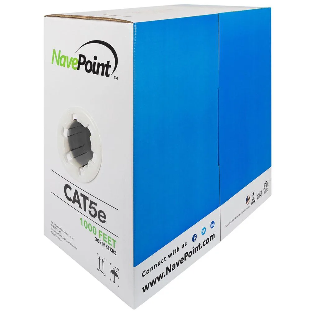 Green plenum-rated CAT5e bulk cable in a pull box, solid bare copper conductors, 1000 ft length