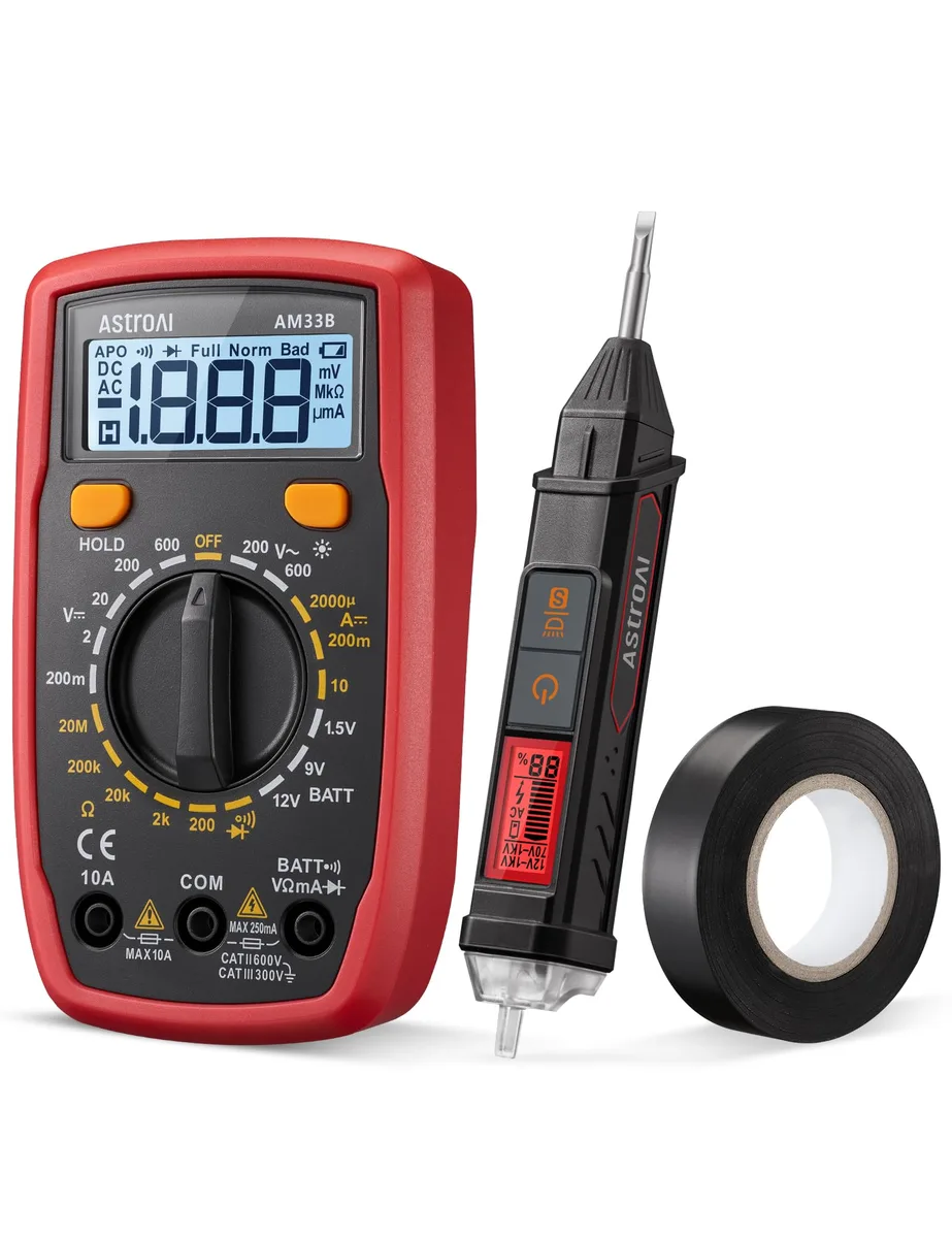 Compact electrical test kit with multimeter, voltage tester, screwdriver and tape in black case